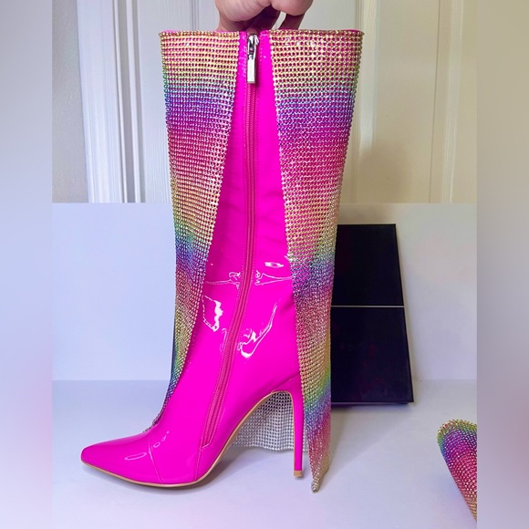 Cape Robbin Shoes - Rainbow Rhinestone Stiletto Boots. Hot Pink w/ Colorful Rhinestone Curtain -EDC